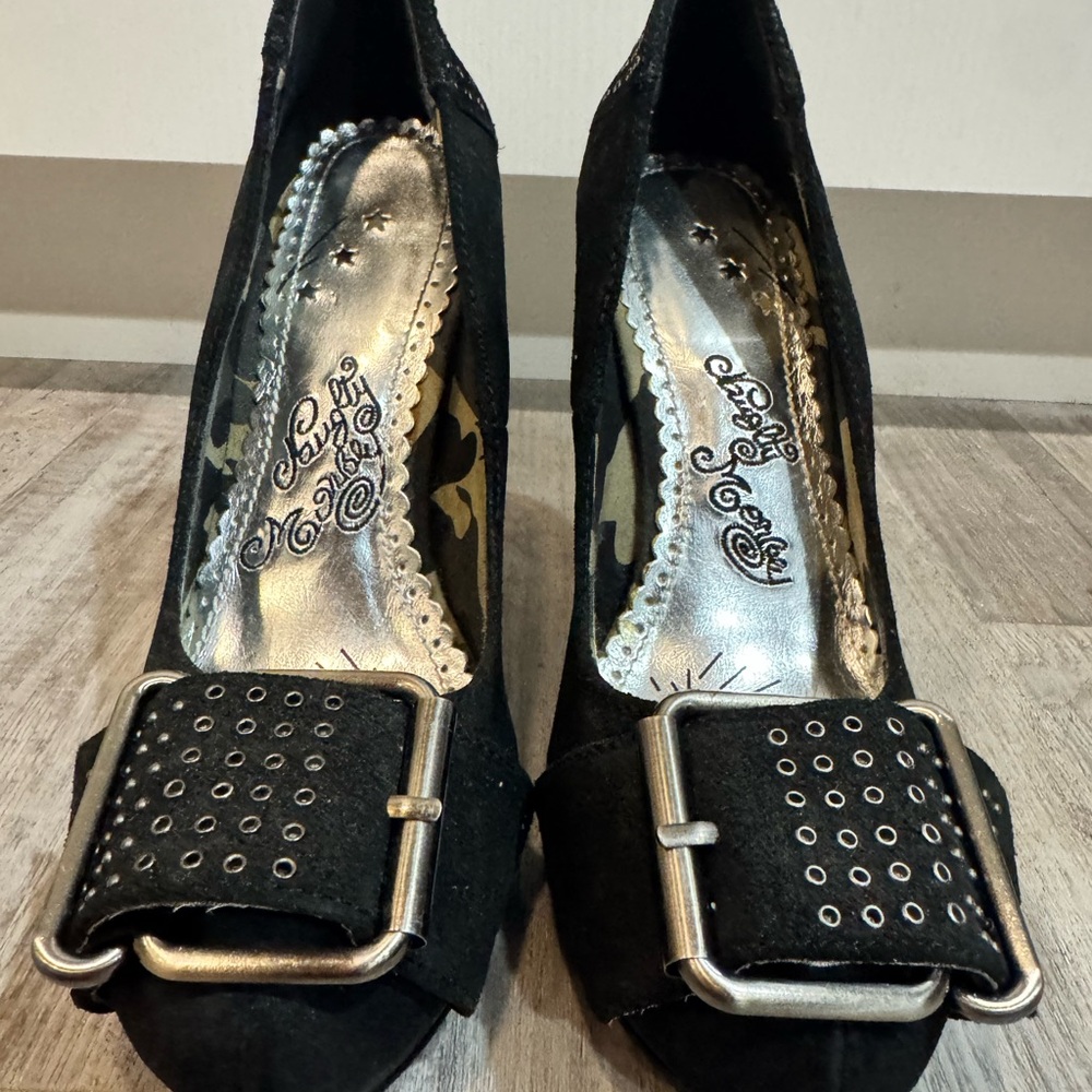 Naughty Monkey Black Suede Heels with Silver Buckle Size 7